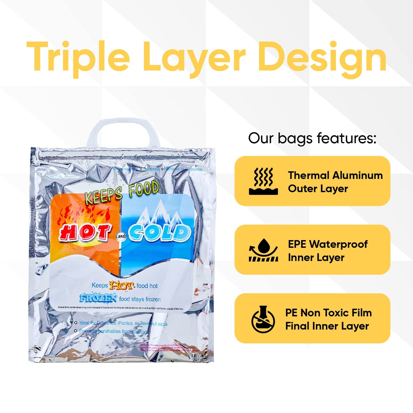 Superio Hot and Cold Insulated Bags for Food Delivery, Grocery Shopping Bags, Food Storage for Hot and Frozen Food for Travel, Disposable Cooler Bag, Reinforced Thermal Lunch Bag (1, 13.5"x17.5")