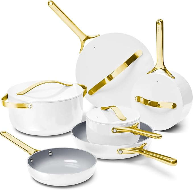 Caraway Deluxe Non-stick Ceramic Cookware Set (16 Piece) Pots, Frying Pans, Lids and Kitchen Storage - PFAS & PFOA Free - Oven Safe Pan Set & Compatible with All Stovetops - White