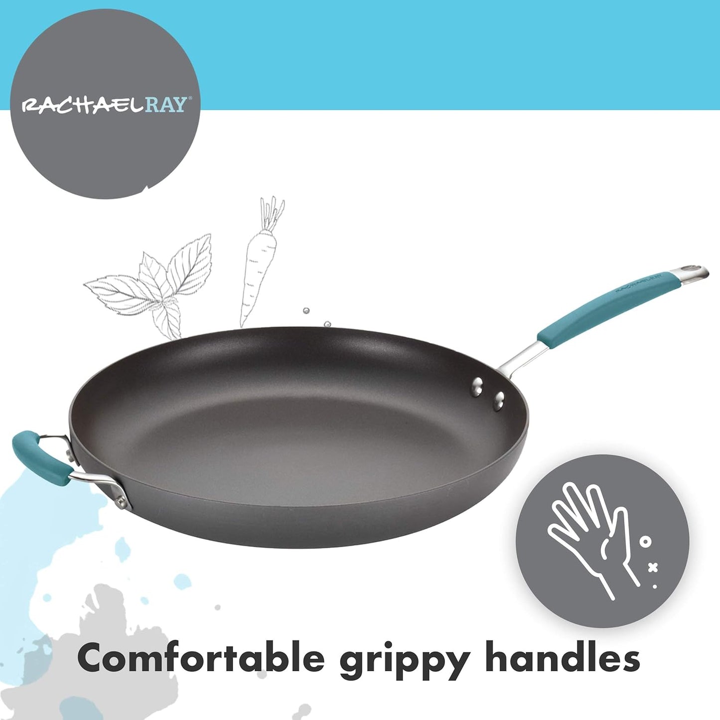 Rachael Ray 87642 Cucina Hard Anodized Nonstick Skillet with Helper Handle, 14 Inch Frying Pan, Gray/Agave Blue