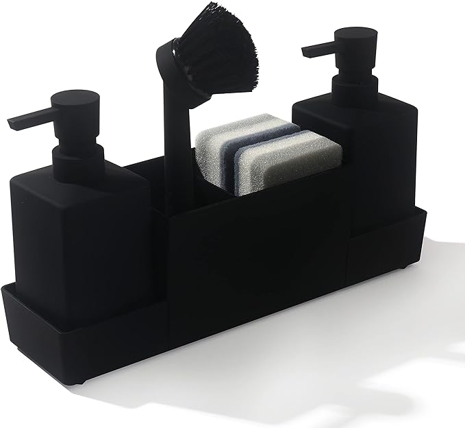 Kitchen Soap Dispenser with Sponge Holder Set for Sink Caddy, Hand Soap and Dish Soap Dispenser with Brush (Black)