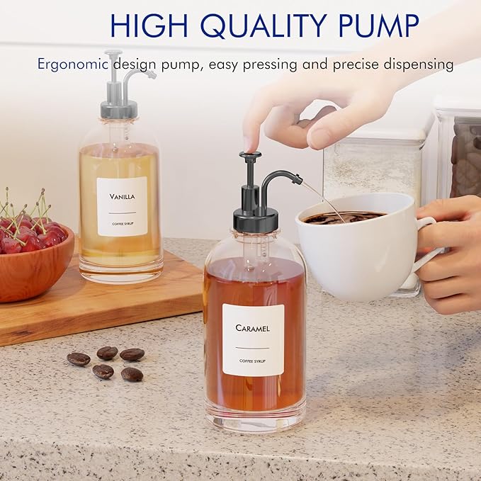 16.9 oz/500 ml Coffee Syrup Dispenser Set - 6 Glass Bottles with Black Pumper and Syrup Labels - Precise Dispensing and Stylish Addition to Coffee Shop, Cafe or Home Bar