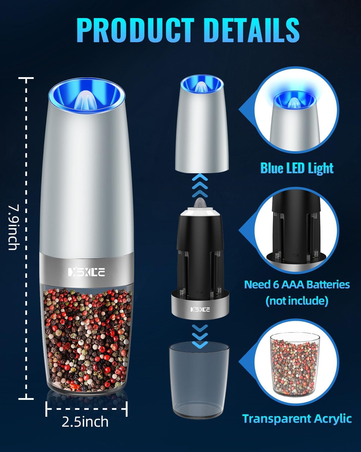 XinXu Gravity Automatic Electric Pepper and Salt Grinder, Auto Salt or Pepper Mill Shaker Stainless Steel,Blue LED Light,One Hand Operated, LightGrey