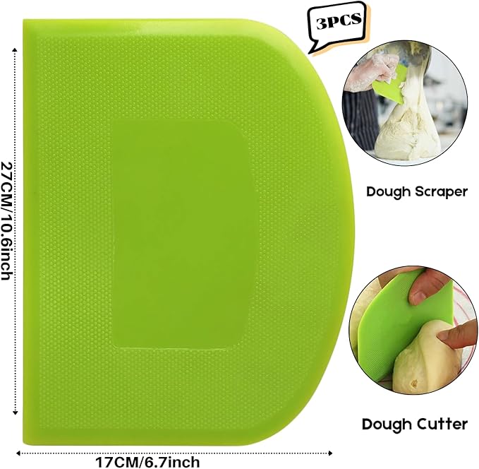 SURDOCA Dough Scraper Bench Scraper - 3P 10.6x6.7" Plastic Flexible Bowl Scraper, Sharp Edge & Angles Cake Scraper. Non-Slip Bakeware Decorating Tools Sculpting & Modeling Tools - Green+Pink+Green