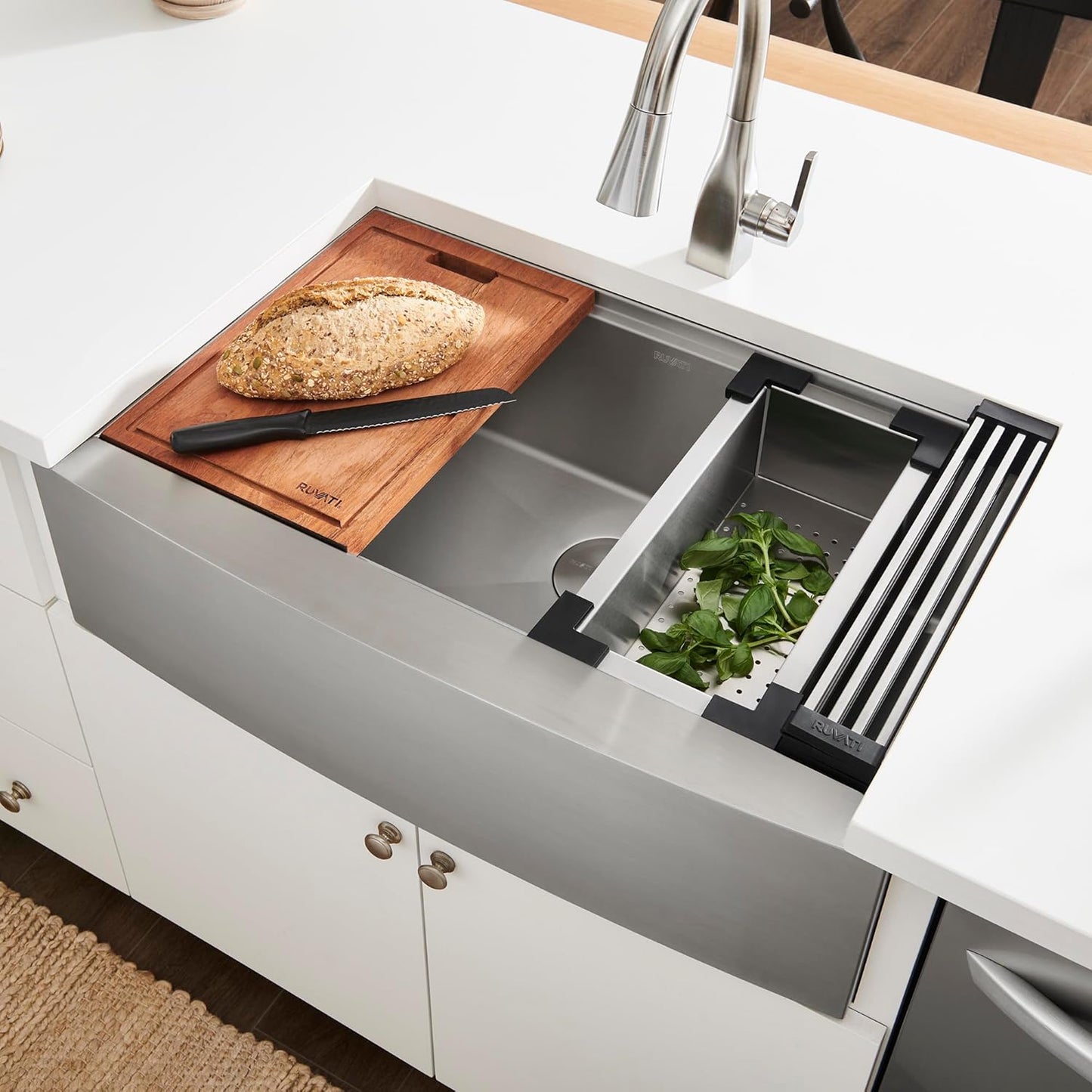 Ruvati 36-inch Rounded Corners Apron-front Workstation Farmhouse Kitchen Sink - 16 Gauge Stainless Steel Kitchen Sink Single Bowl with Brushed Finish hides scratches - RVH9300