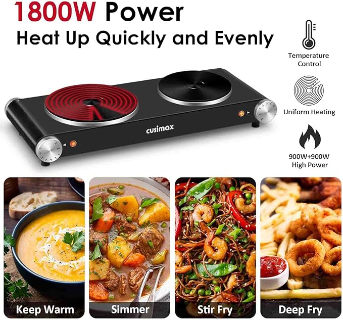Cusimax Hot Plate for Cooking 1800W Portable Electric Double Burner Countertop Cooktop Cast Iron Stove Heating Plate with 7 Power Levels Adjustable Temp Control, Compatible for All Cookwares