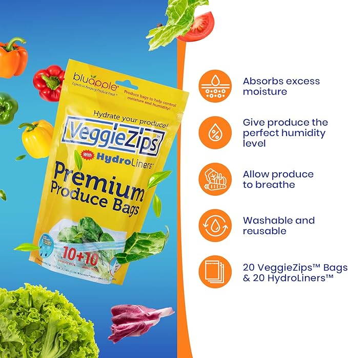 Bluapple VeggieZips Premium Produce Storage System - 40 Piece Set, 20 Food Saver Bags + 20 HydroLiners, Keep Produce Fresh Longer, Washable & Reusable Bags with Humidity Control for Fruit & Vegetables