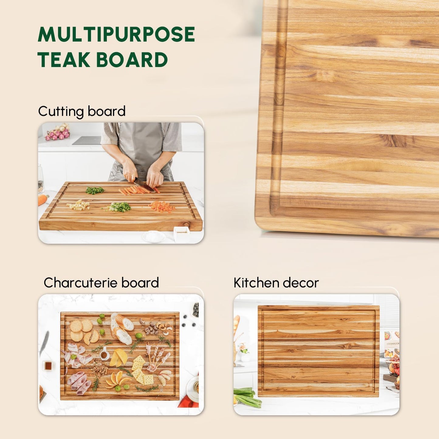 BEEFURNI Teak Wood Cutting Board with Juice Groove Hand Grip (XL, 24x18x1.5"), Wooden Cutting Board for Kitchen, Butcher Block, Charcuterie Boards, Christmas Gifts, 1-year Manufacturer Warranty