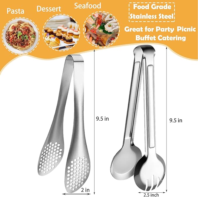 4 PCS Serving Tongs 9 Inch Buffet Tongs Stainless Steel Serving Utensils for Salad Buffet Appetizer Dessert Food Parties, Silver