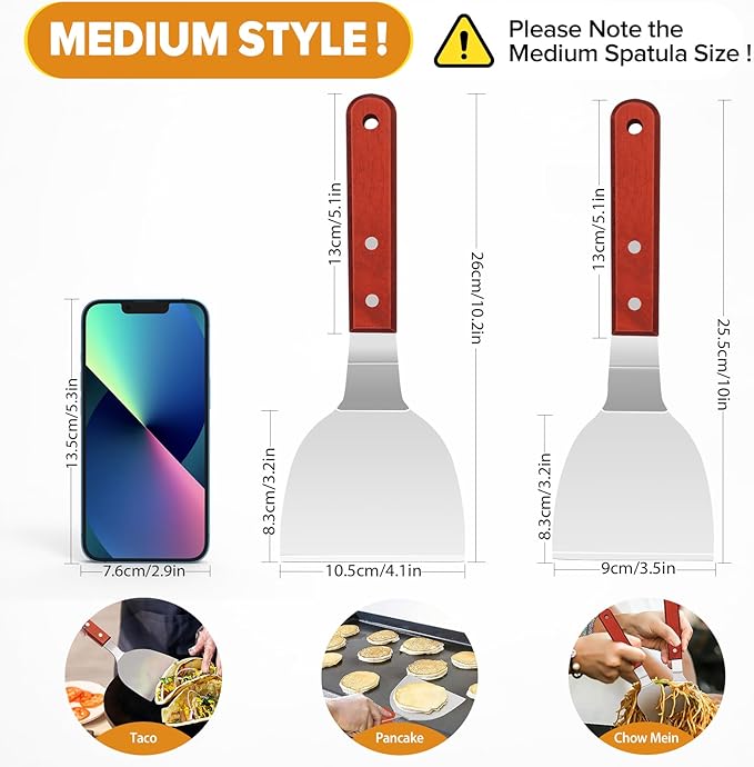 Metal Spatula Set for Cast Iron Skillet, Wide Griddle Stainless Steel Spatula Flipper Turner Utensil Set for Kitchen Use with Short Wood Handle Beveled Edge for Pancake, Egg, Burger, Omelet, 2 Pack