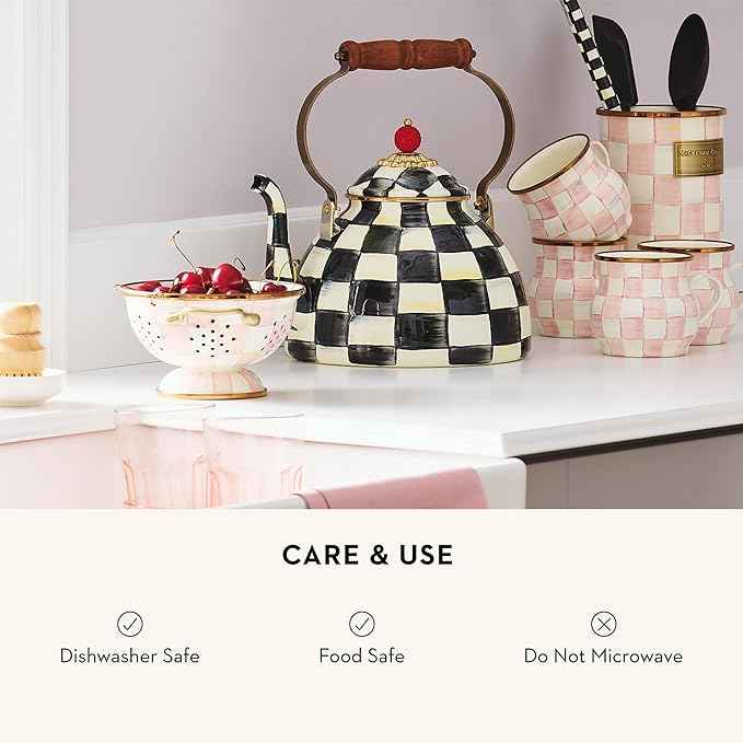 MACKENZIE-CHILDS Enamel Colander, Decorative Kitchen Strainer, Small, Pink-and-White Rosy Check