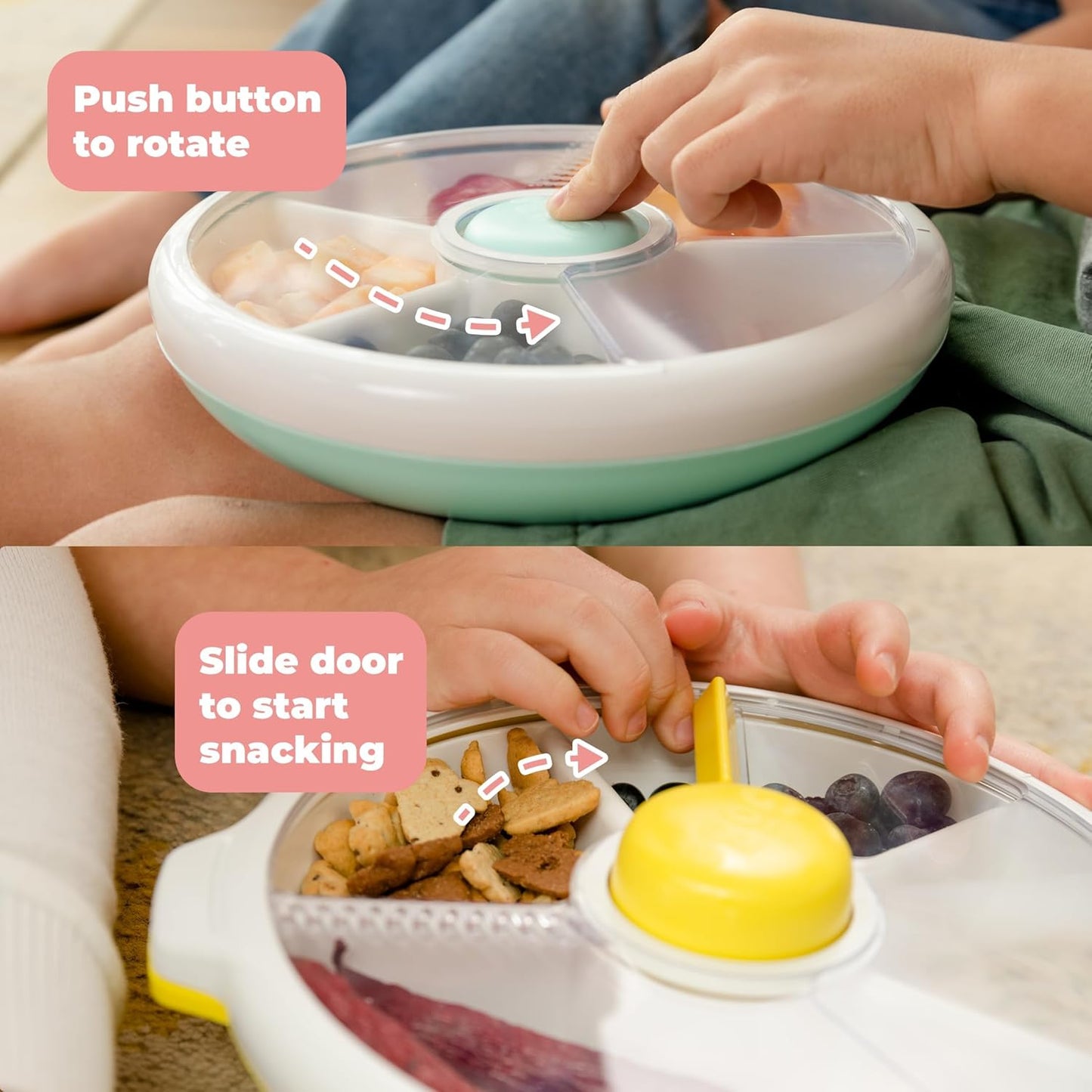 GoBe Kids Large Snack Spinner Slide Bundle with Hand Strap and Sticker Sheet - Reusable Snack Container with 4 Compartment Dispenser and Lid | BPA/PVC Free | Dishwasher Safe | No Spill - Coral Pink