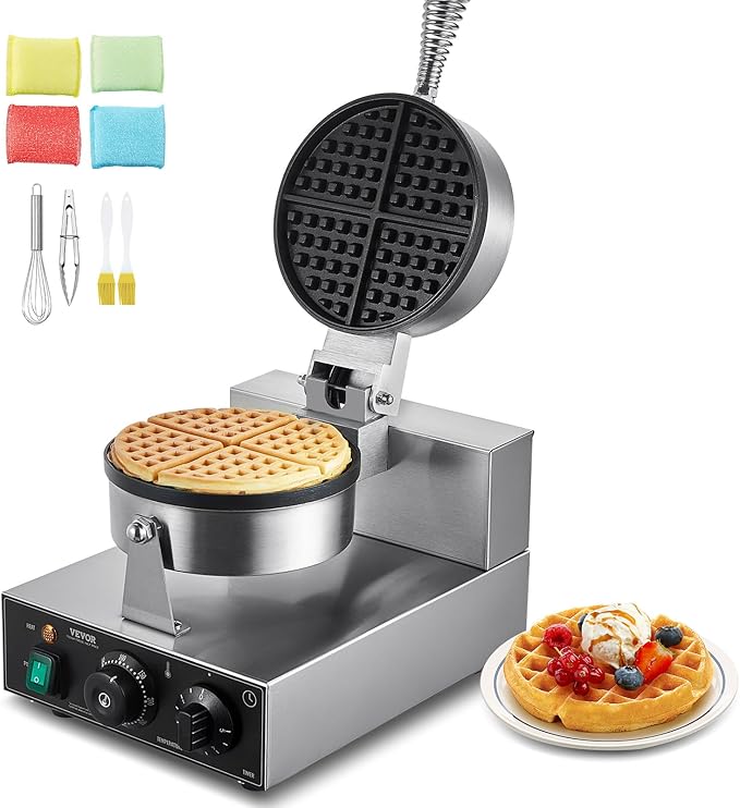VEVOR Commercial Waffle Maker, 1230W Round Waffle Baker Machine, Non-Stick Stainless Steel Belgian Waffle Iron with Temperature and Time Control, Handle, for Restaurant Bakery Snack Bar Family