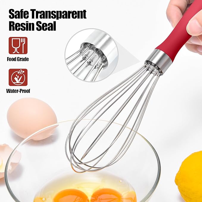 18/8 Stainless Steel Balloon Whisk, Doosu Kitchen Whisk for Cooking Handheld Egg Beater with Rust-Proof Sturdy Wires & Non-Slip Silicone Handle for Beating, Stirring, Blending (6 Wires, Red)