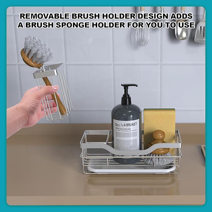 Vanwood Kitchen Sink Caddy Organizer Sponge Holder for Kitchen Sink, Rustproof Dish Soap Sponge Caddy for Counter with Detachable Brush Holder & Drain Tray - Storage Home & Cocina Accesorios, SILVER