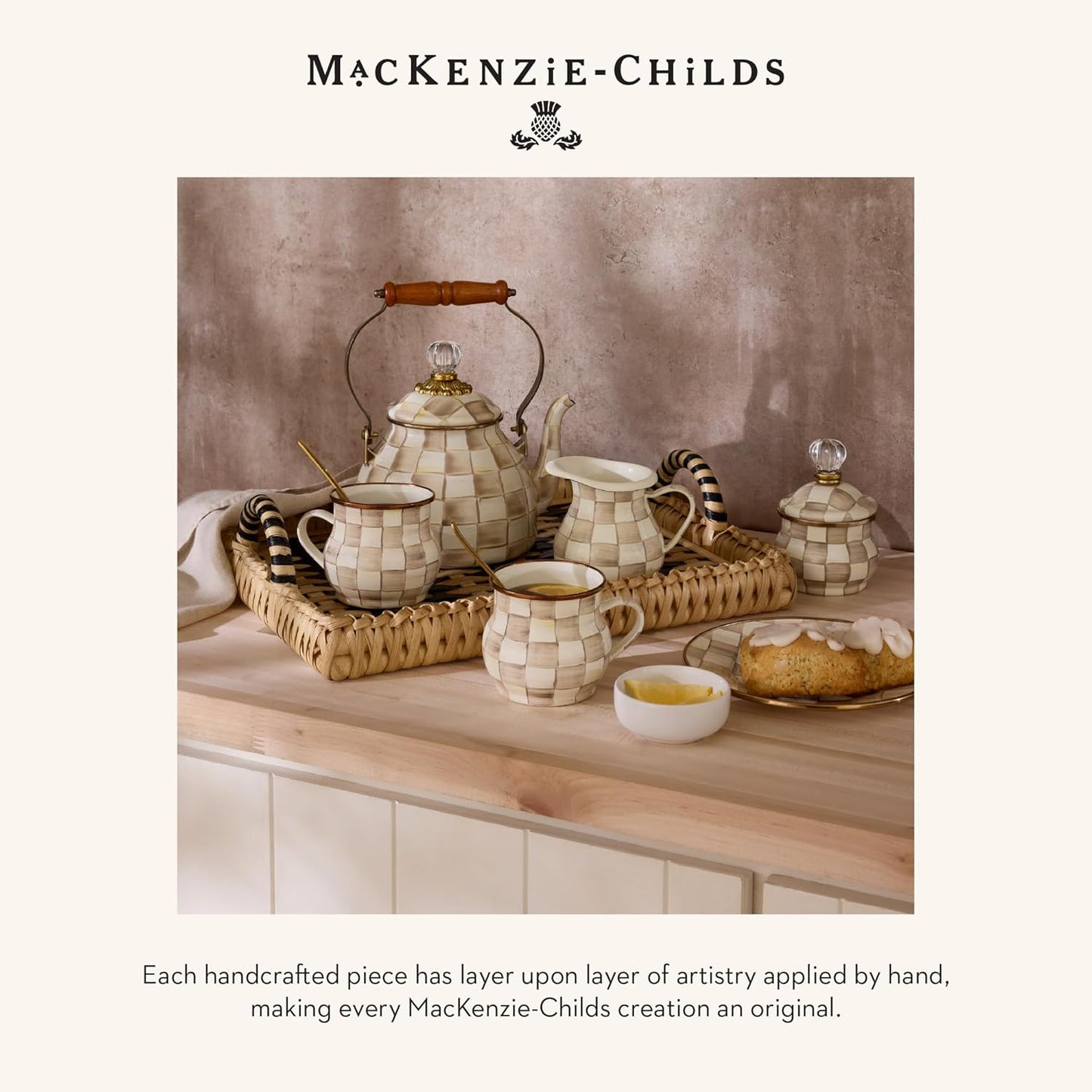 MACKENZIE-CHILDS Enamel Herb Pots, Small Plant Pots for Herbs or Flowers, Set of 3, Brown-and-White Mocha Check