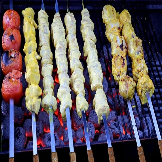12 Pack Kebab Skewers 22 Inch Stainless Steel Grilling BBQ Skewer Reusable Barbecue Skewers Flat Stick with Wood Handle,Ideal for Koubideh Brazilian Chicken Shrimp Turkish Shish Kabob