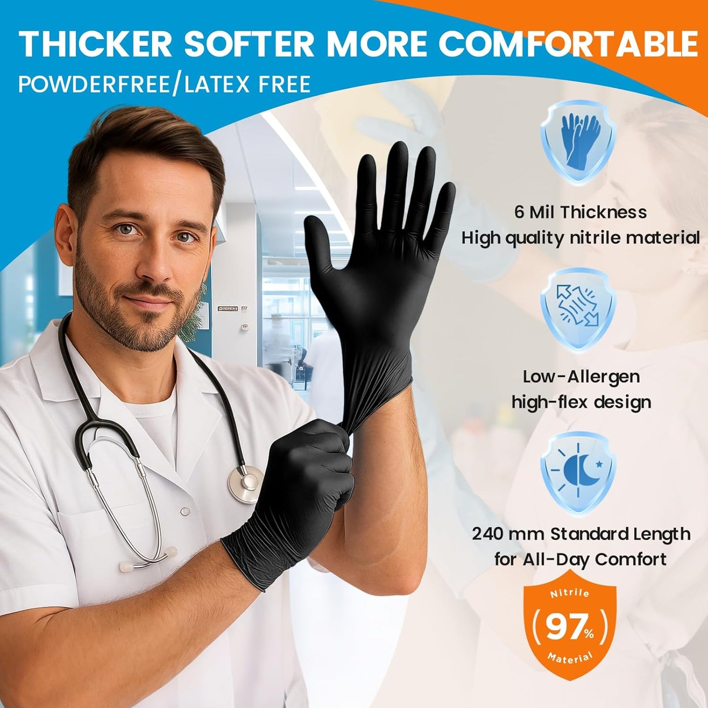 6 mil Disposable Nitrile Gloves, Heavy Duty Disposable Glove, Cooking Gloves, Latex Free, Powder Free (Black of 100, Large)