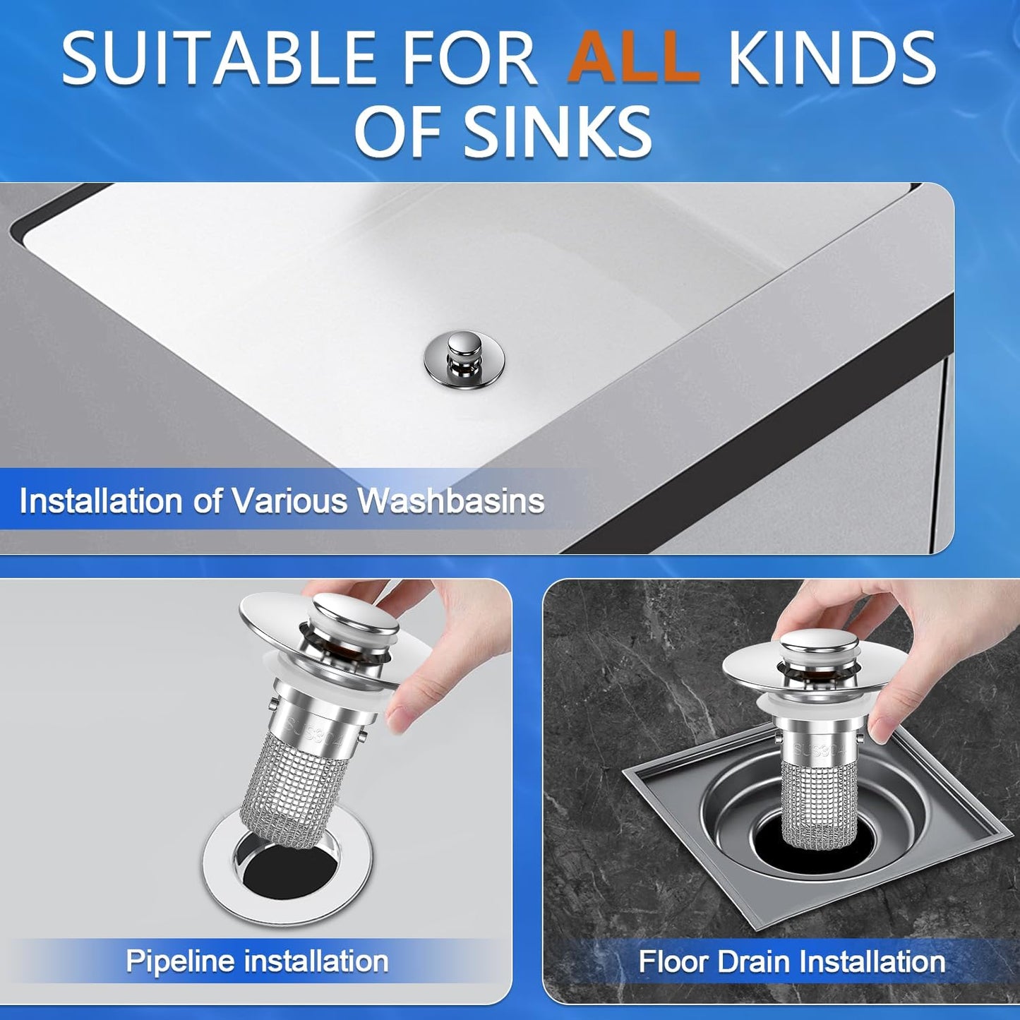 Sink Stopper Hair Catcher, Pop-up Sink Drain Strainer with Removable Stainless Steel Strainer Basket Hair Catcher, Bathroom Sink Strainer for Bathroom Sink Stopper Replacement (3PCS)