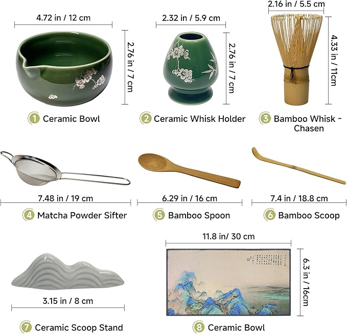Matcha Whisk Set with Ceramic Bowl - Bamboo Whisk (Chasen), Scoop, Sifter & Holder - Complete Kit for Traditional Matcha Tea - Unique Gifts for Tea Lovers (Celadon Veil)