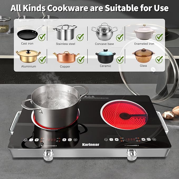Karinear 2 Burner Electric Cooktop 110V, Portable Electric Stove with Handle, Knob Control Electri Hot Plate, Ceramic Countertop Burner, Timer, Safety Lock, 9 Power Level, 2000W, 24 inch(White)