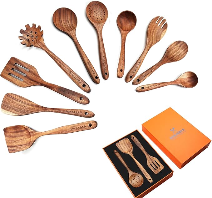 Wooden Spoons for Cooking,10 Pcs Natural Teak Wooden Cooking Utensils Wooden Kitchen Utensils Set Wooden Utensils for Cooking Wooden Spatulas for Cooking