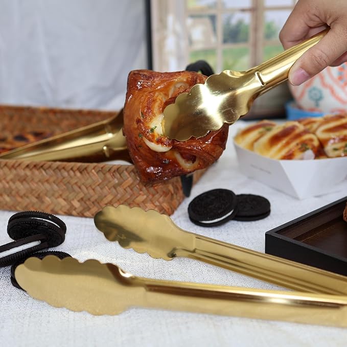 4 Pack 9 Inch Gold Tongs for Serving Food, Gold Serving Tongs Buffet Tong Stainless Steel Utensils, Metal Kitchen Tong for Salad, Steak, Appetizer, Snack and Small Food (4)