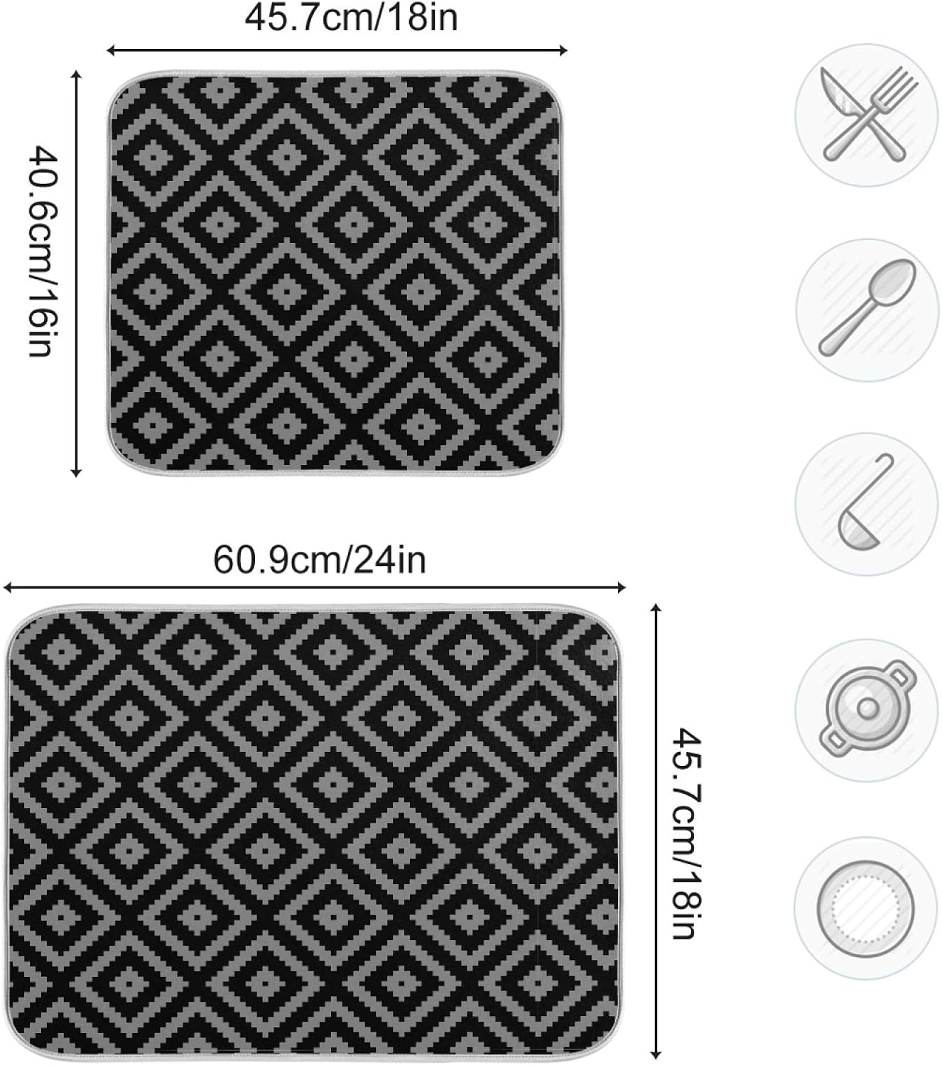 Super Absorbent Dish Drying Mat Microfiber Fast-Drying Dish Mat 24" x 18 Kitchen Dish Drying Pad Black Moroccan Rhombus Plaid