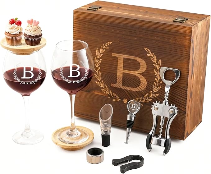 GZLDGIFTS Personalized Initial Wine Glasses Box Gift Set For Women Mom Engraved Birthday Monogrammed Wooden Christmas Wedding Anniversary Wine Couples Stopper Opener Initial Letterr (B Set)