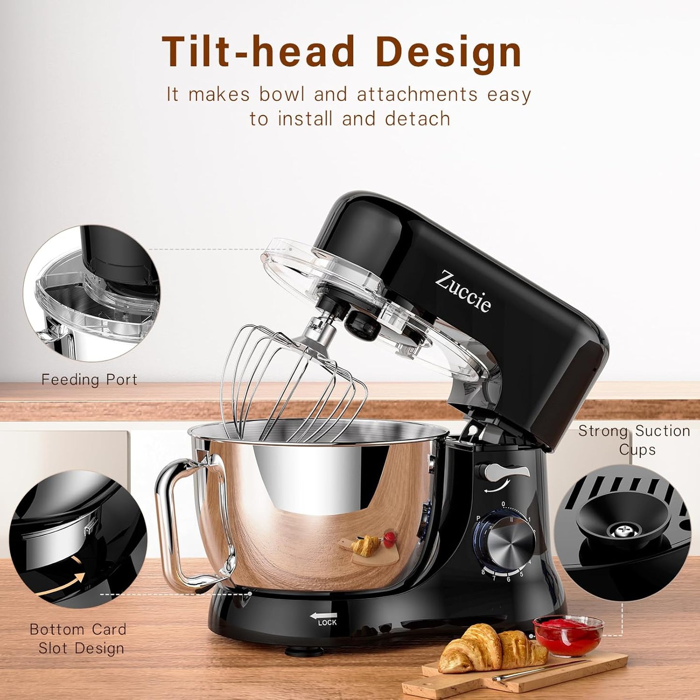 Stand Mixer, Zuccie 4.8QT Kitchen Electric Stand Mixer, 380W Motor Power Food Mixer, 8+P-Speed Dough Mixer with Dough Hook, Wire Whip & Beater, Black