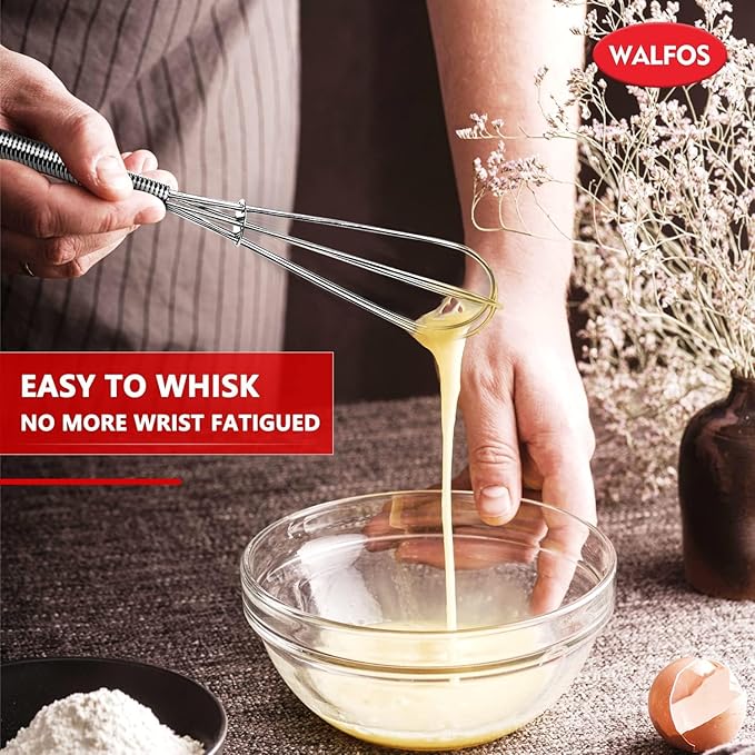 Walfos Whisk,304 Stainless Steel Mini whisk,Small Whisk.6in Long-Handle Non Rust Whisks Nice for stirring individual eggs and mixing small amounts of powder and sauce.Dishwasher Safe.(5+7+10in)