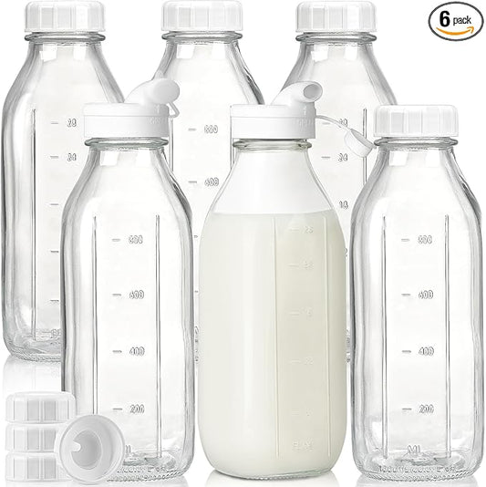 Liter Glass Milk Bottles w 100% Airtight Heavy Duty Screw Lid & 2 Dispenser- 6 Pack 32 Oz Drinking Jars - Food Grade Glass Bottles for Milk, Honey, Jam - Dishwasher Safe(Extra 2 Lids and Stickers)