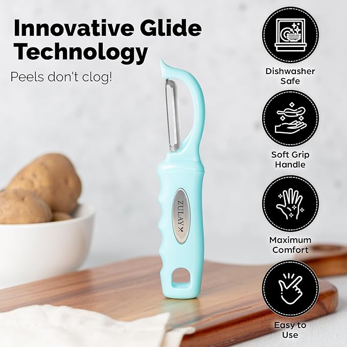 Zulay Kitchen Premium Vegetable Peeler for Kitchen - Swivel Peeler with Razor Sharp Stainless Steel Blades & Strong Ergonomic Handle - Dishwasher Safe, Easy To Use with Blemish Remover - Light Blue