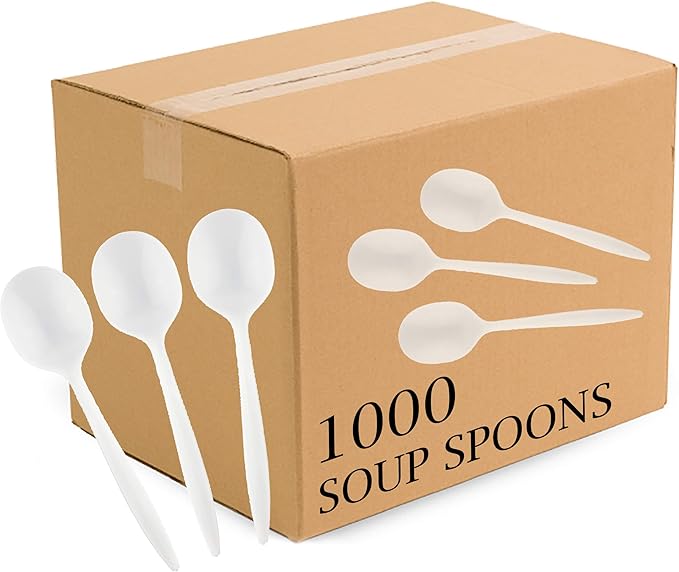 Plasticpro Cutlery Plastic Soup Spoons Medium Weight Disposable Silverware (White,1000 Soup Spoons)