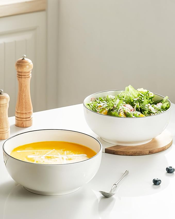 Salad Bowls, 120 OZ(10") Large Serving Bowls Set of 2, Ceramic White Serving Bowls for Salad, Soup, Pasta and Dinner, Large Porcelain Bowl Set for Entertaining with Black on the Rim