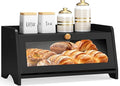 JANSNIMEN Bread Box for Kitchen Countertop, Large Bread Container Storage, Wooden Farmhouse Bread Box with Window Bread Holder (Black)