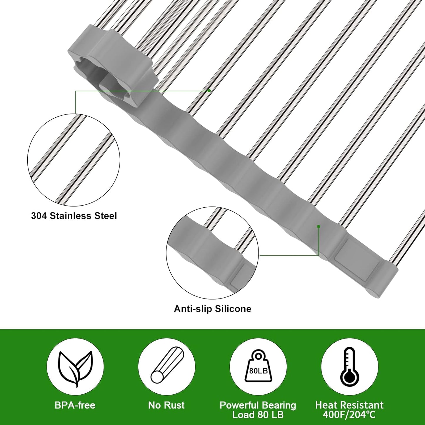 Expandable Roll Up Dish Drying Rack, 23.6"L x 13.0"W Large Stainless Steel Over The Sink Dish Drying Rack with Silicone Wrapped Anti-Slip Foldable Multipurpose Dish Drainers for Kitchen Sink