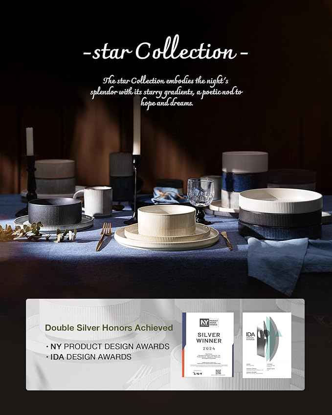 Famiware Star Dinnerware Set with Pasta Bowls, Service for 6 (24 Pieces), Ribbed Stoneware Plates and Double Bowls Sets - Chip & Scratch Resistant, Microwave & Dishwasher Safe Dishes, Smoky Blue