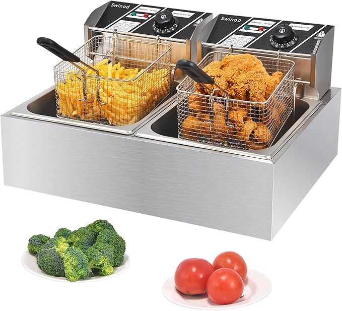 Commercial Deep Fryer with Baskets, 3400W 12.7QT/12L Thickened Stainless Steel Countertop Electric Oil Fryer, Large Capacity with Temperature Control