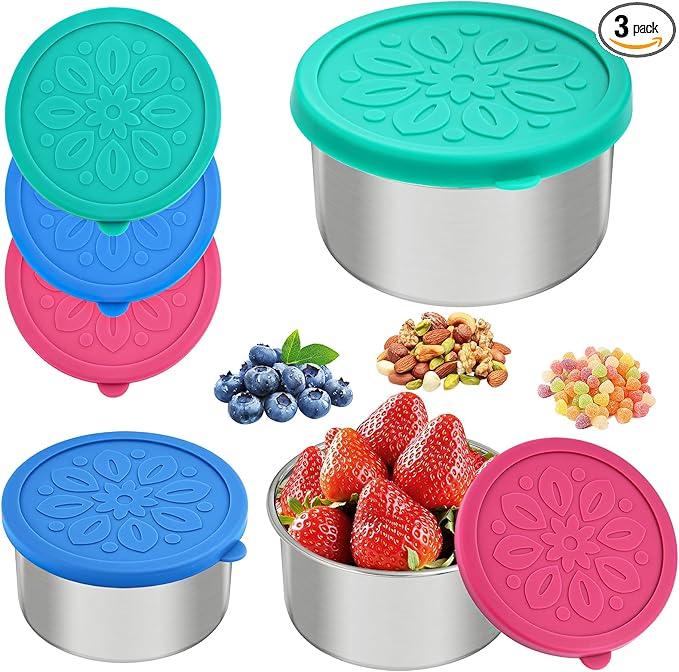 Cmonie 3Pack Stainless Steel Containers with Lids,10/20/33 oz Easy Open Leak Proof Metal Snack Containers,Food Storage Bento Box for Snacks, Fruits (3Pcs-33 oz)