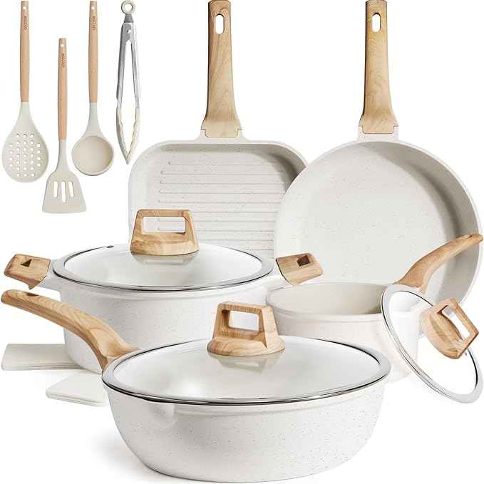 Kikcoin 16Pcs Pots and Pans Set Nonstick Ceramic Cookware Sets Induction Kitchen Cooking Set Non toxic Healthy Non Stick w/Grill Pan,Saute Pan, Ceramic White