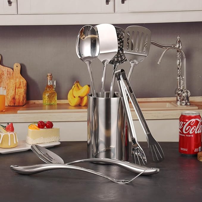 18/10 Stainless Steel Kitchen Utensils Set with Holder - 15″ Spatula Spoon Set with Storage Organizer for Countertop, Fork, Tongs, Spatula, Ladle, Skimmer, Turner, Spaghetti, Large Spoon Set of 12
