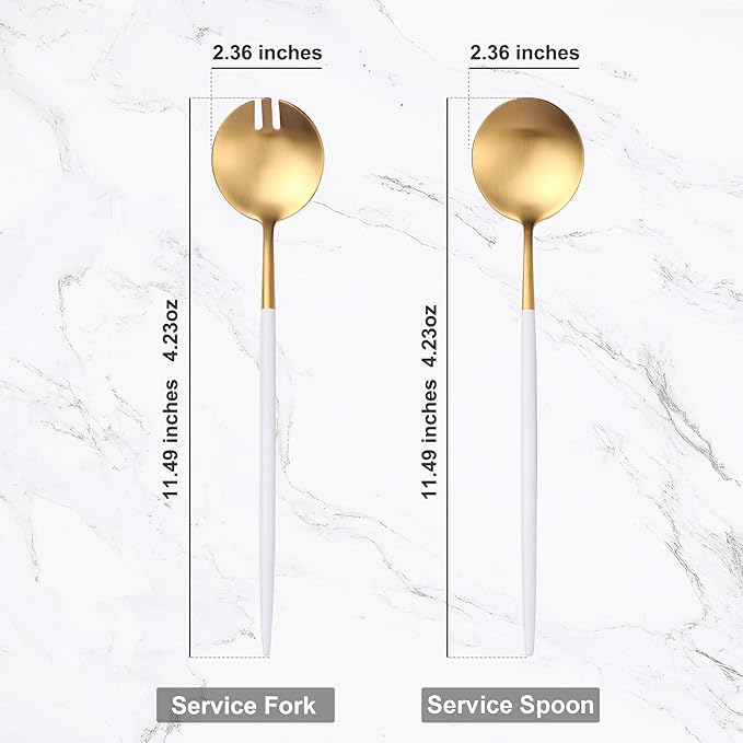 Lemeya White Gold Salad Serving Utensils,Serving Spoons Stainless Steel,2Pcs Long Handle Salad Servers 11.42 Inch,Salad Utensils for Serving,Matte Finish,Dishwasher Safe