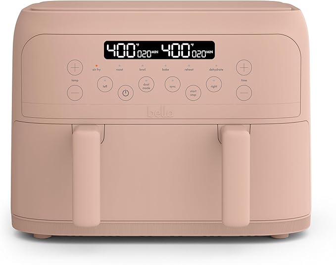 bella 4 Qt TriZone Air Fryer, EverGood™ Ceramic Nonstick Coating, Dual Basket Design w Removable Divider, Digital Touchscreen Control w 6 Preset Cooking Options, 1200 Watt, 3lb Capacity, Blossom