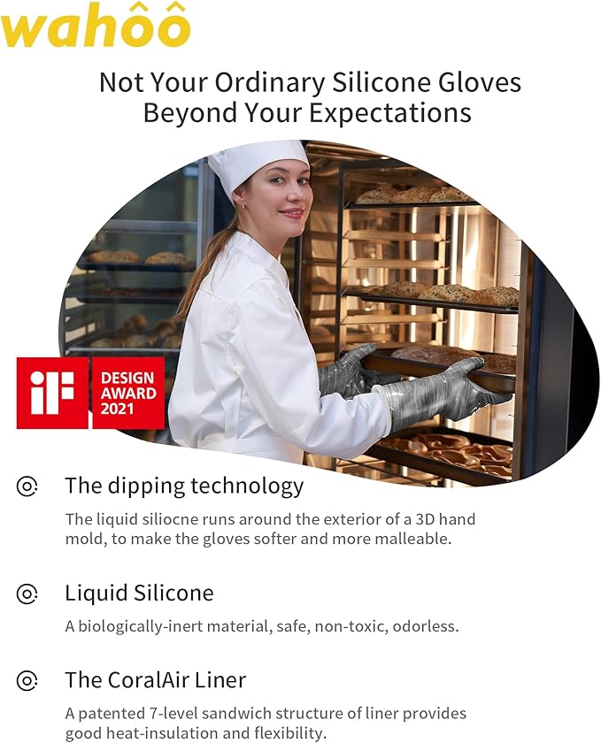 wahoo Liquid Silicone Smoker Oven Gloves, Food-Contact Grade, Heat Resistant Gloves for Cooking, Grilling, Baking, Grey, Medium