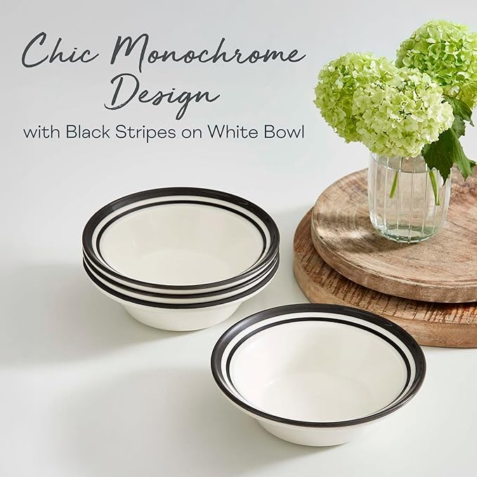 Portmeirion Potter's Stripe Oatmeal Bowls (Set of 4) - Elegant Earthenware for Breakfast, Lunch & Dessert - Microwave & Dishwasher Safe Bowls, Handcrafted Stackable Bowl Collection (Black Stripe)
