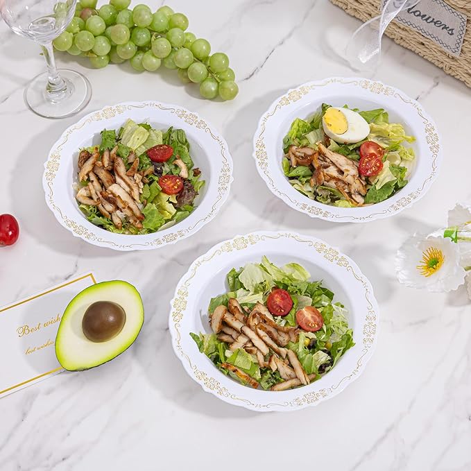DaYammi 100 Pack Plastic Bowls with Gold Rim, 12oz Disposable Soup Bowls, Plastic bowls Disposable Heavy Duty Dinner bowls for Weddings, Parties, Catering and Everyday Use