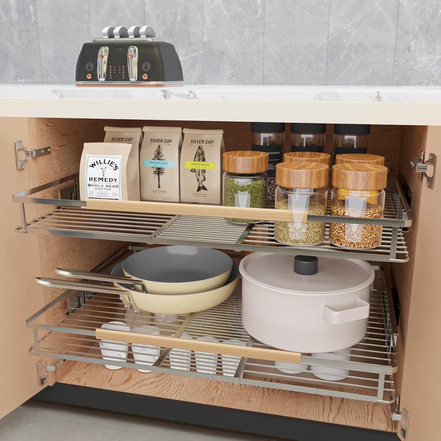 1Pack Expandable Pull Out Cabinet Organizer, Slide Out Drawers for Kitchen Cabinets, Heavy Duty Drawer Slides for Home Kitchen Pantry Cupboard Pots Pans, Adjustable Width 11.8"~18" W x 17.3''D