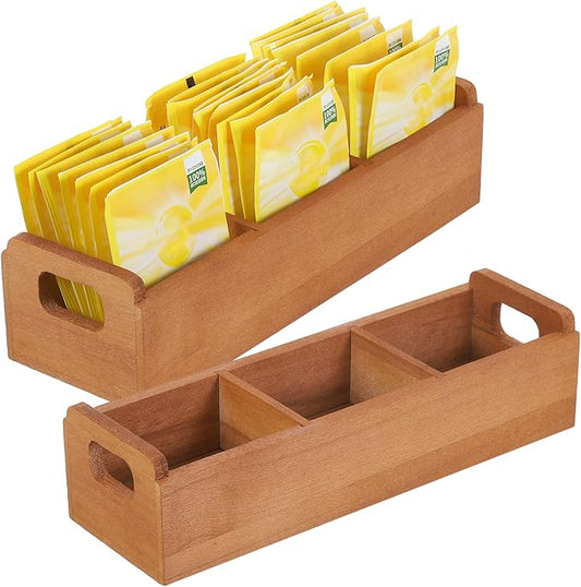 uxcell Tea Bag Organizer, 3 Compartments Pine Wood Tea Box with Handle, Tea Storage Organizer Holder for Tea Bags, Beverage Supplies Sugar Packet, Brown