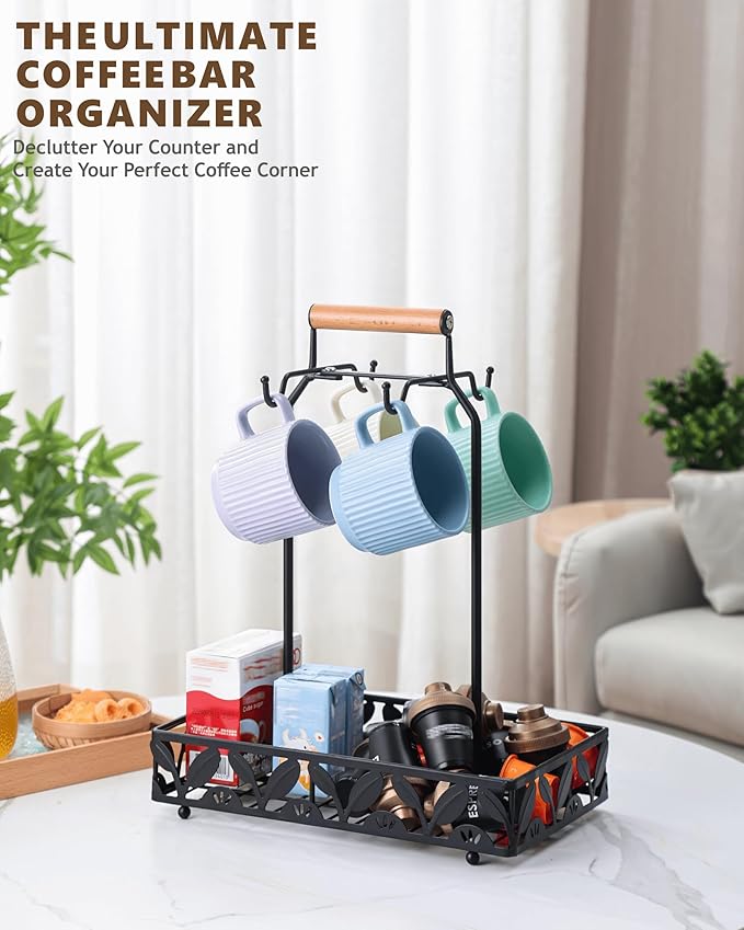 Coffee Mug Holder for Countertop, Mug Tree & Mug Rack with Storage Basket, 2-in-1 Organizer Holds 4 Large Mugs, Kitchen Cup Holder for Coffee Bar Accessories, Pods & Tea Bags, Black Metal with Handle