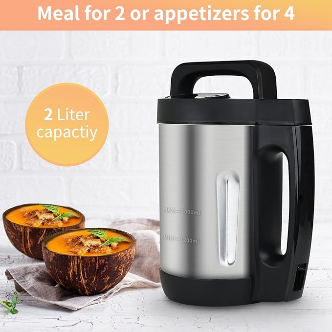 Soup Maker 2 L, Makes 4-6 Servings, Soup Maker Machine with 6 Preset Programs, Electric Soup Machine Automatic Heating and Blending for Purées, Baby Foods, Smoothies, Stainless Steel